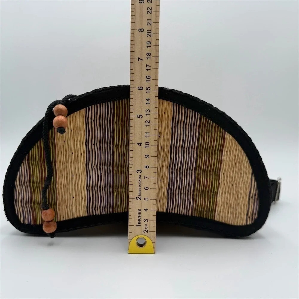 Baskets of Cambodia Woven Drawstring Backpack Purse Tan Black Trim Medium‎